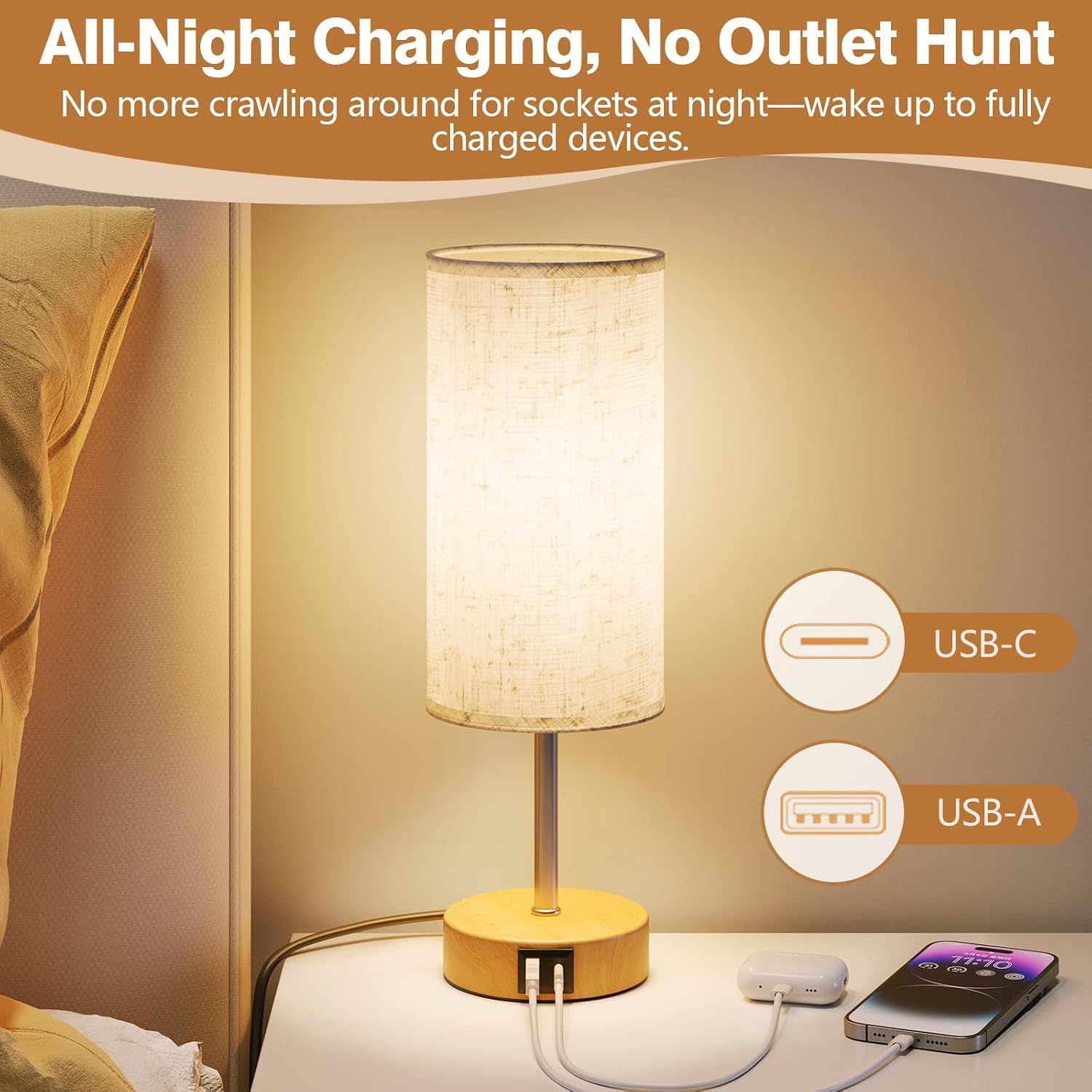 Touch Bedside Lamps Set of 2 with USB Charging