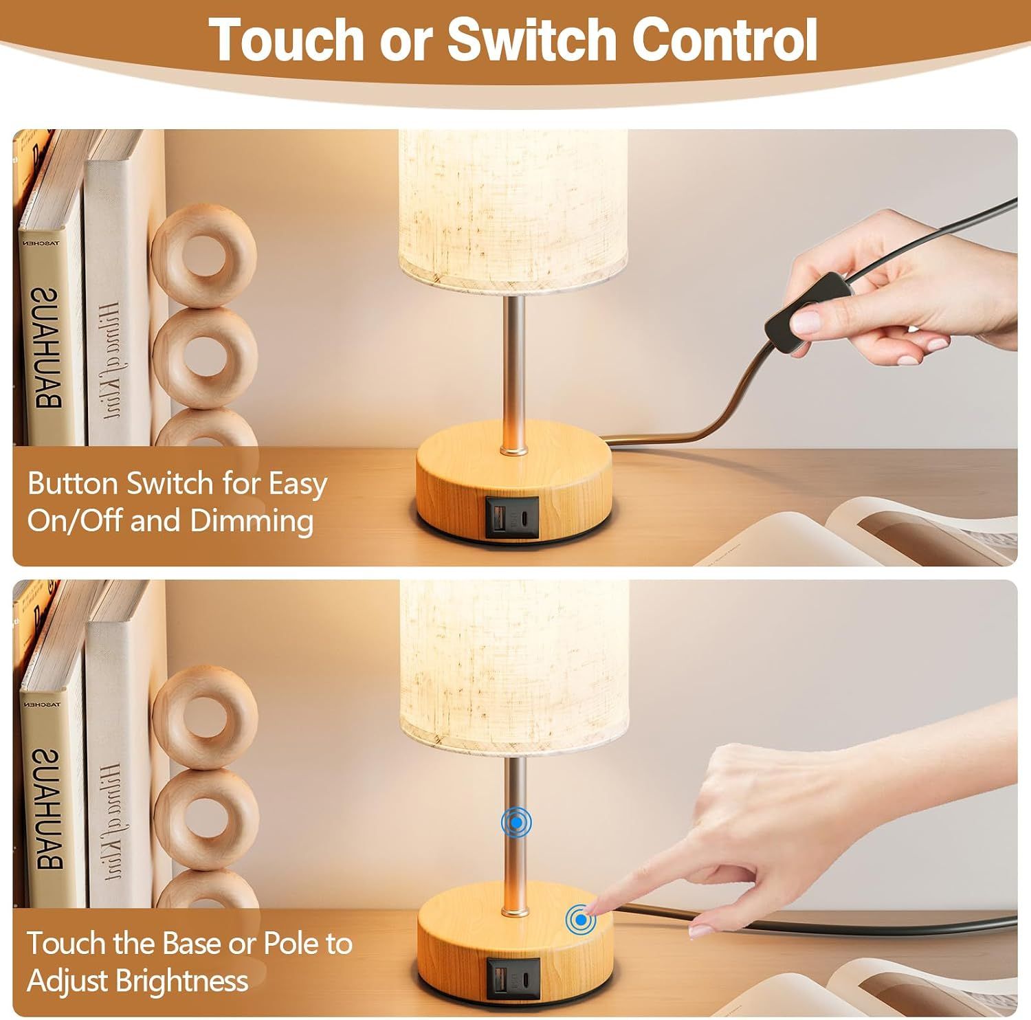 Touch Bedside Lamps Set of 2 with USB Charging