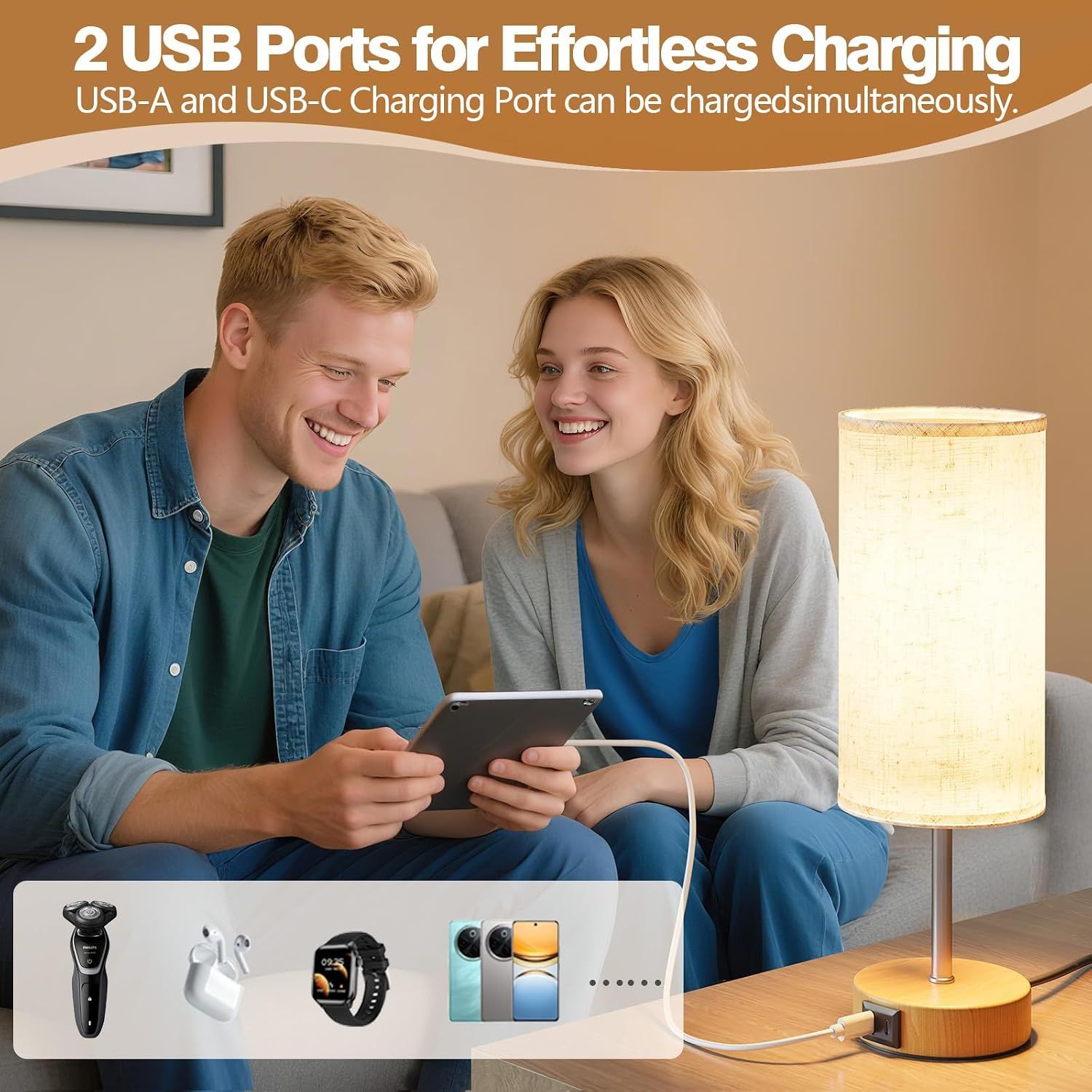 Touch Bedside Lamps Set of 2 with USB Charging