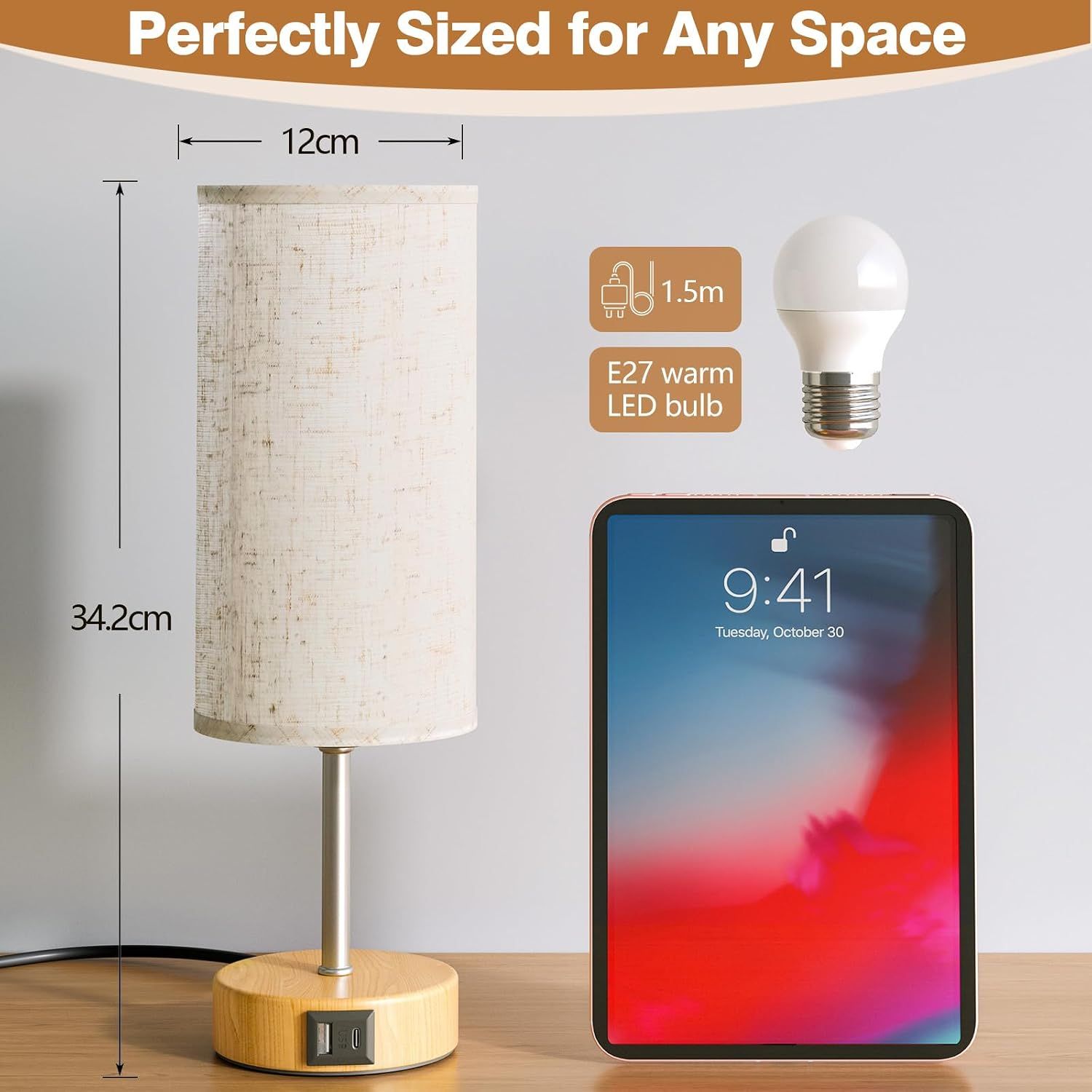 Touch Bedside Lamps Set of 2 with USB Charging