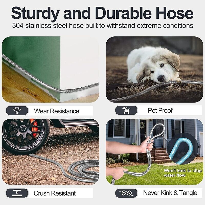 100ft Stainless Steel Garden Hose Pipe – Heavy-Duty Metal Water Hose with 2 Spray Nozzles for Yard and Outdoor Use