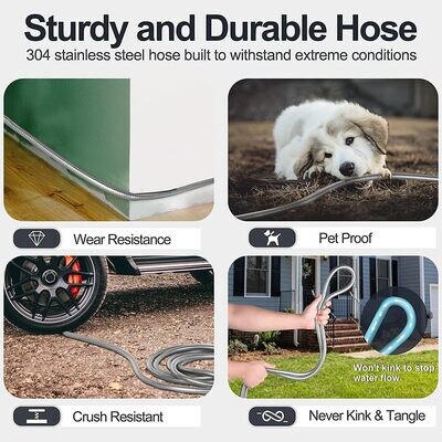 100ft Stainless Steel Garden Hose Pipe – Heavy-Duty Metal Water Hose with 2 Spray Nozzles for Yard and Outdoor Use