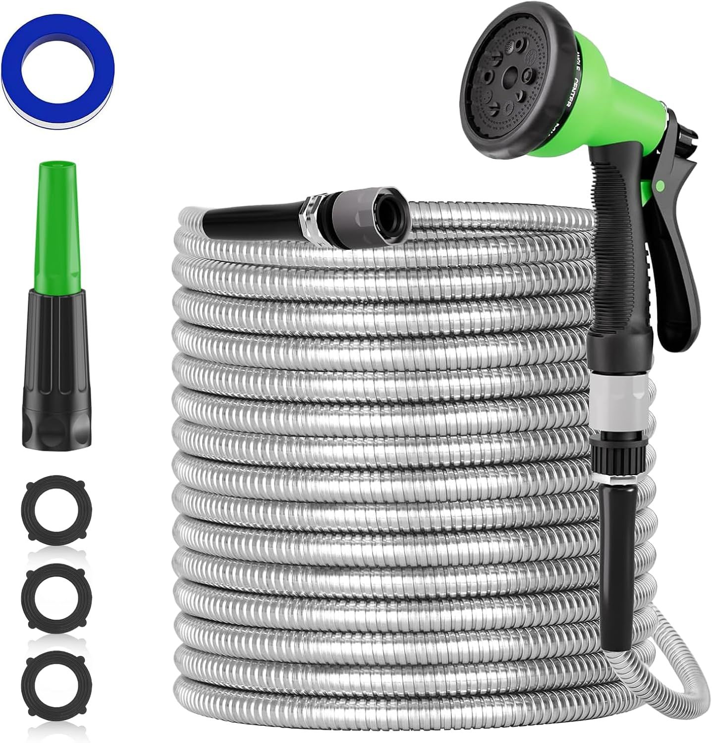 30M Stainless Steel Garden Hose – Flexible Metal Water Hose with 10-Pattern Spray Nozzle