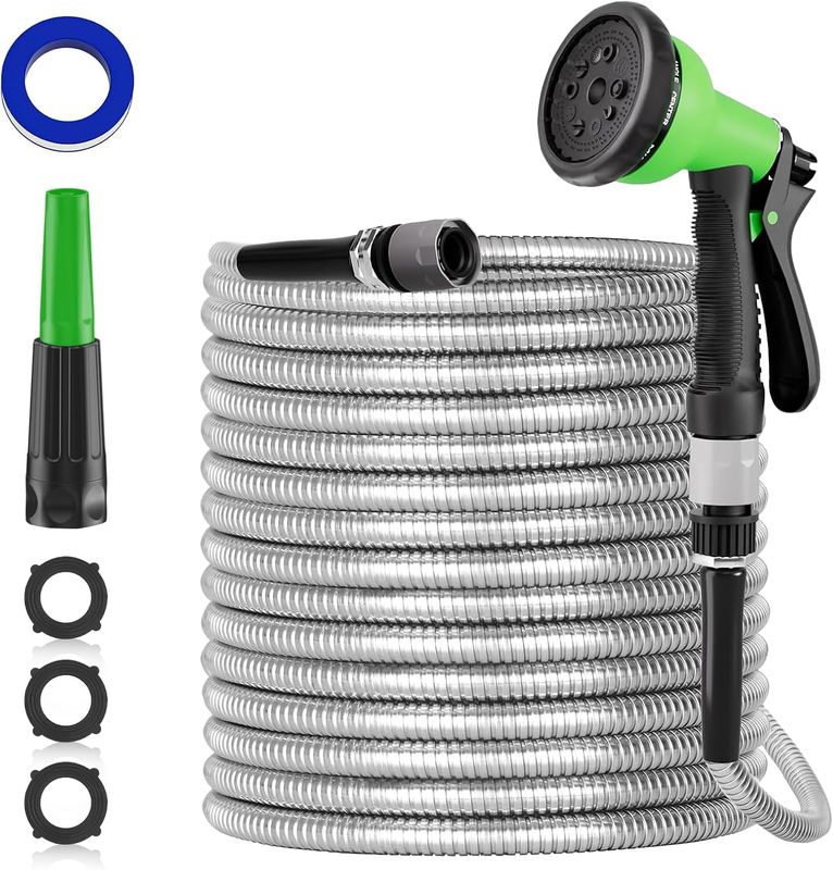 30M Stainless Steel Garden Hose – Flexible Metal Water Hose with 10-Pattern Spray Nozzle