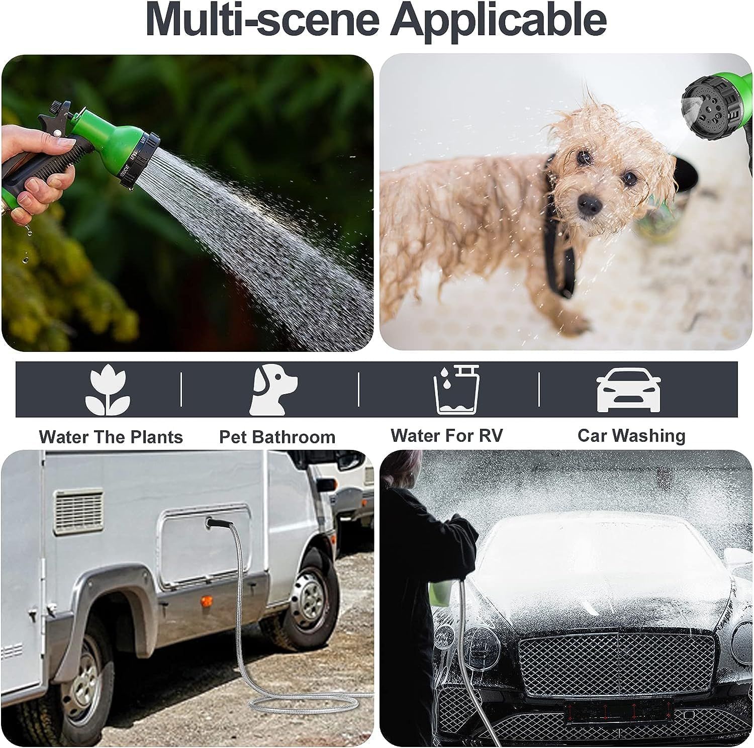 30M Stainless Steel Garden Hose – Flexible Metal Water Hose with 10-Pattern Spray Nozzle