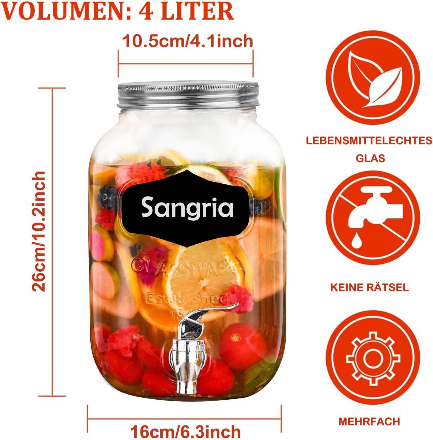 4L Glass Drinks Dispenser with Tap and Lid, Juice and Water Container