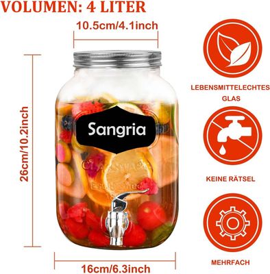 4L Glass Drinks Dispenser with Tap and Lid, Juice and Water Container