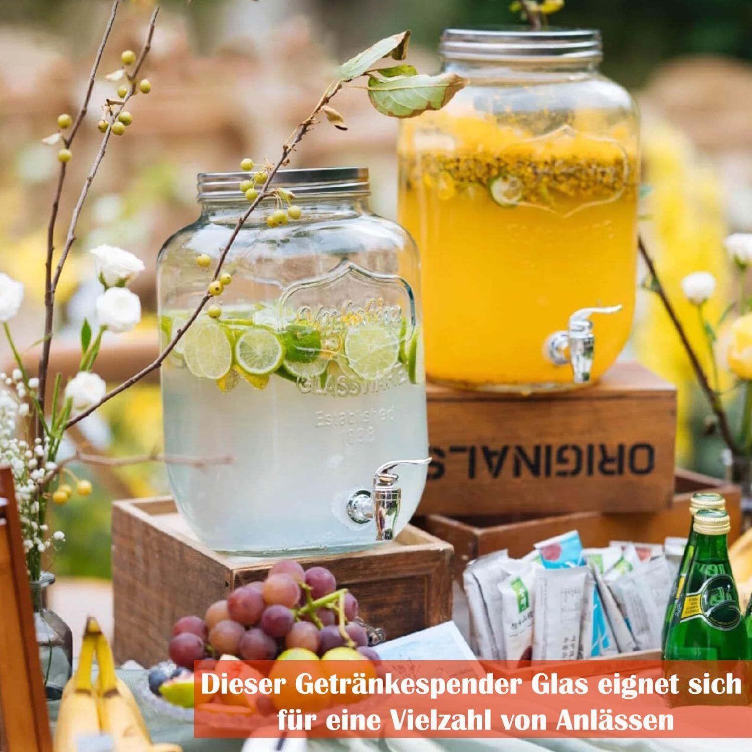 4L Glass Drinks Dispenser with Tap and Lid, Juice and Water Container