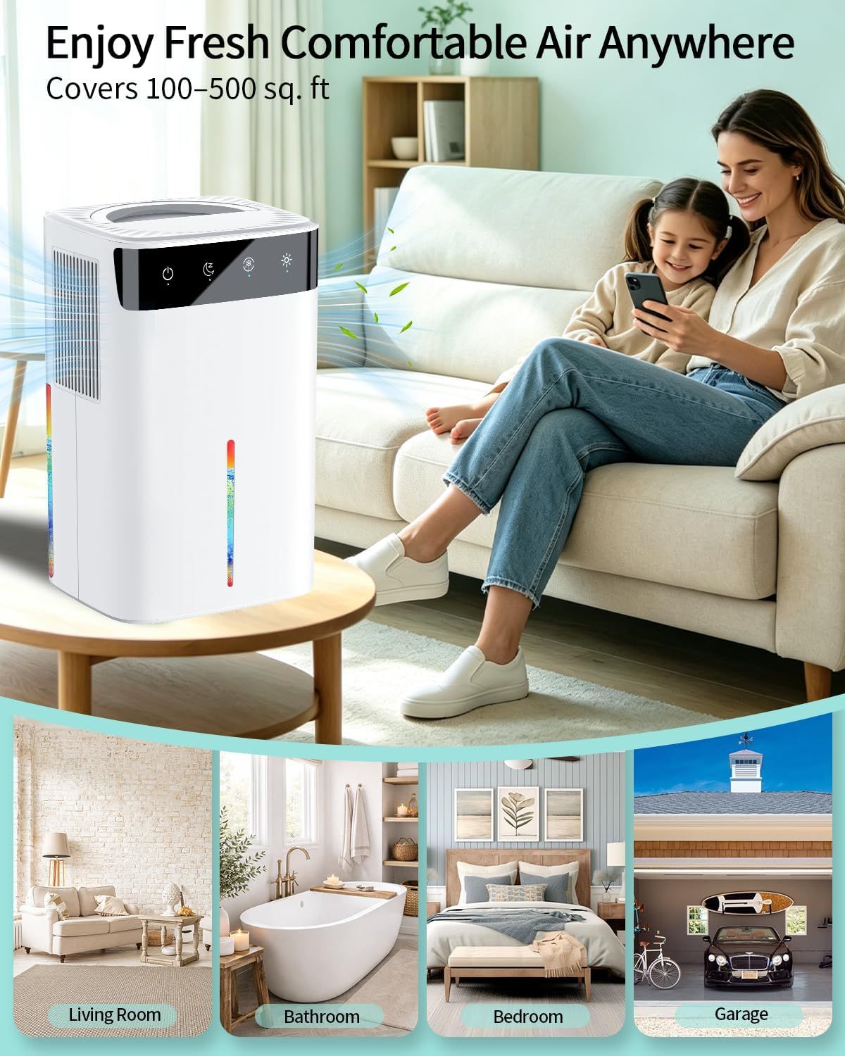 2.6L Portable Dehumidifier for Home Bedroom Bathroom with Auto Defrost