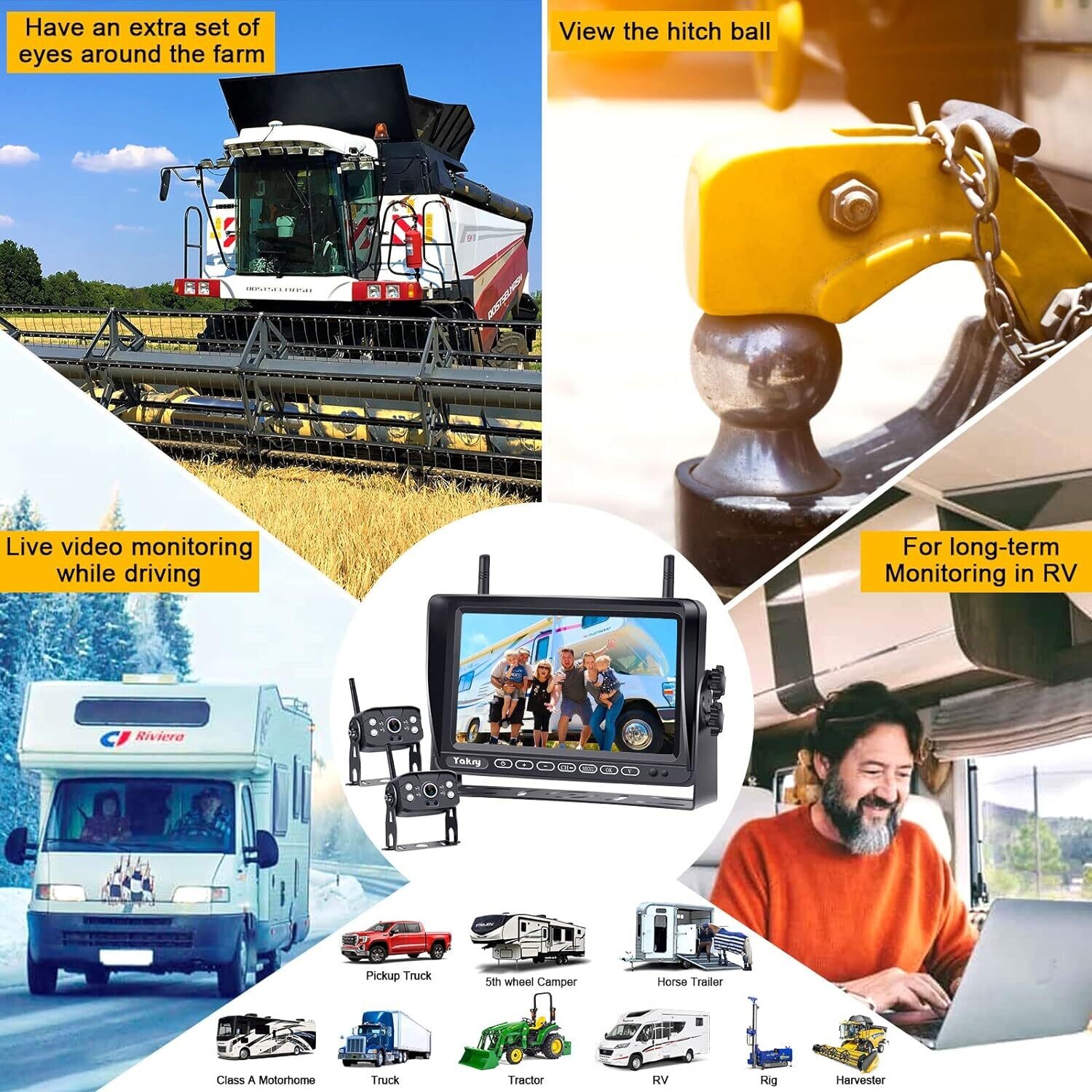 Wireless Reversing Camera Kit for Vans, HD 2 Rear View Cameras System, 7-inch DVR Waterproof Night Vision Car Reverse Camera for Caravan Motorhome Campervan