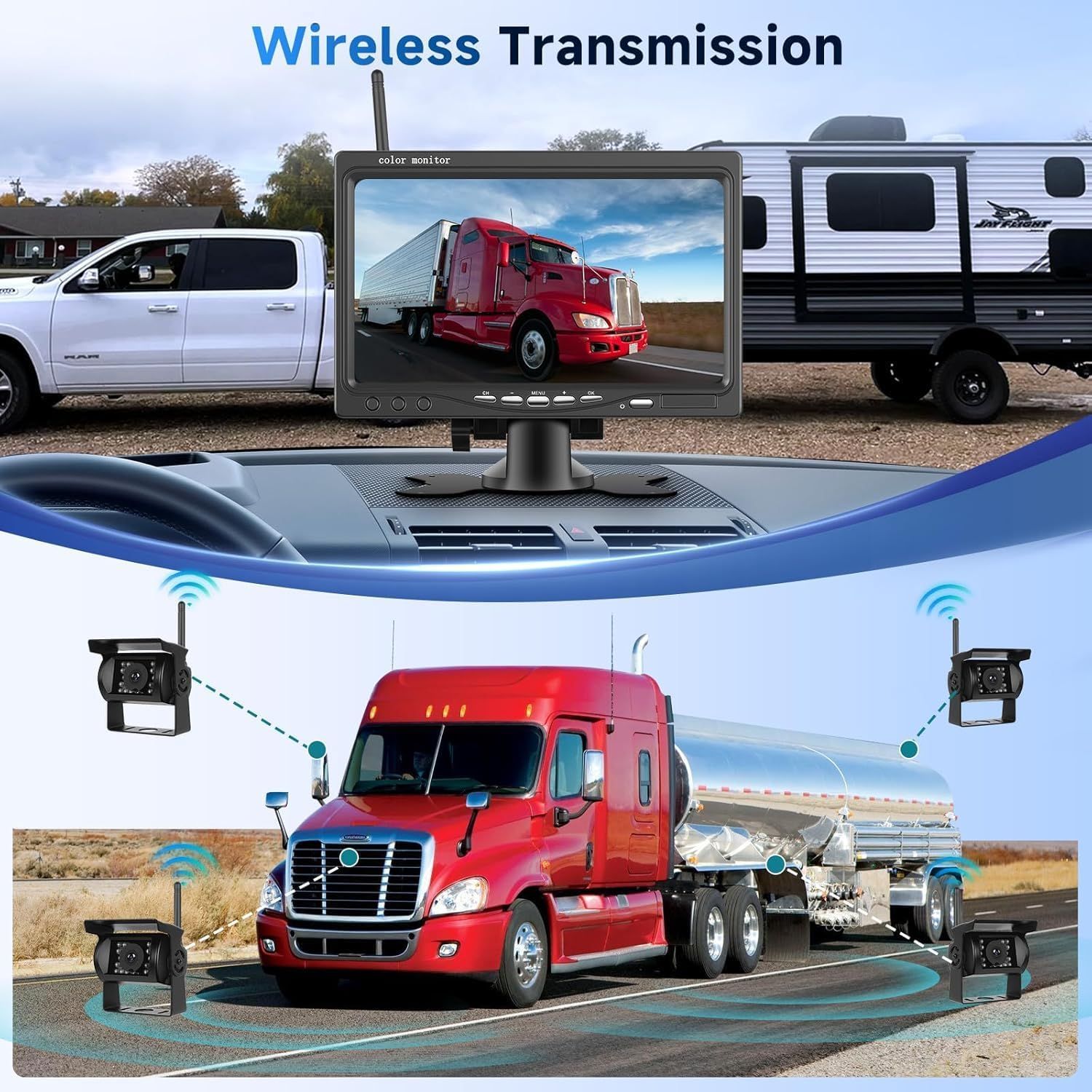 Wireless Reversing Camera Kit for Vans, HD 2 Rear View Cameras System, 7-inch DVR Waterproof Night Vision Car Reverse Camera