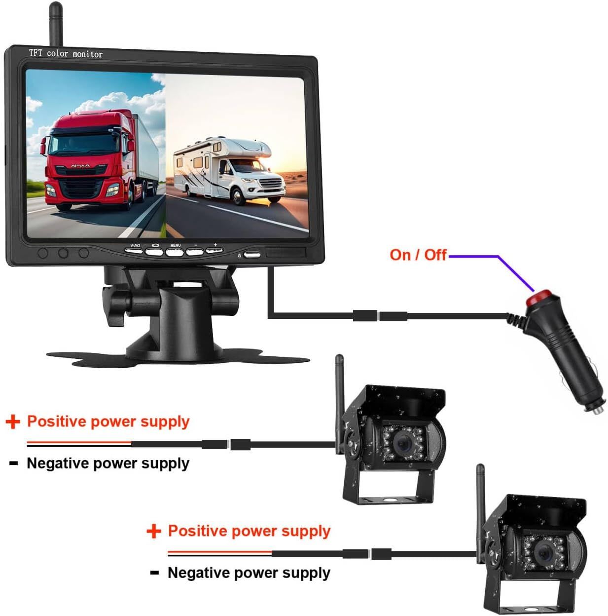 Wireless Reversing Camera Kit for Vans, HD 2 Rear View Cameras System, 7-inch DVR Waterproof Night Vision Car Reverse Camera