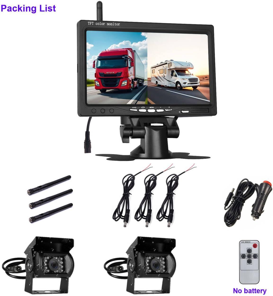 Wireless Reversing Camera Kit for Vans, HD 2 Rear View Cameras System, 7-inch DVR Waterproof Night Vision Car Reverse Camera