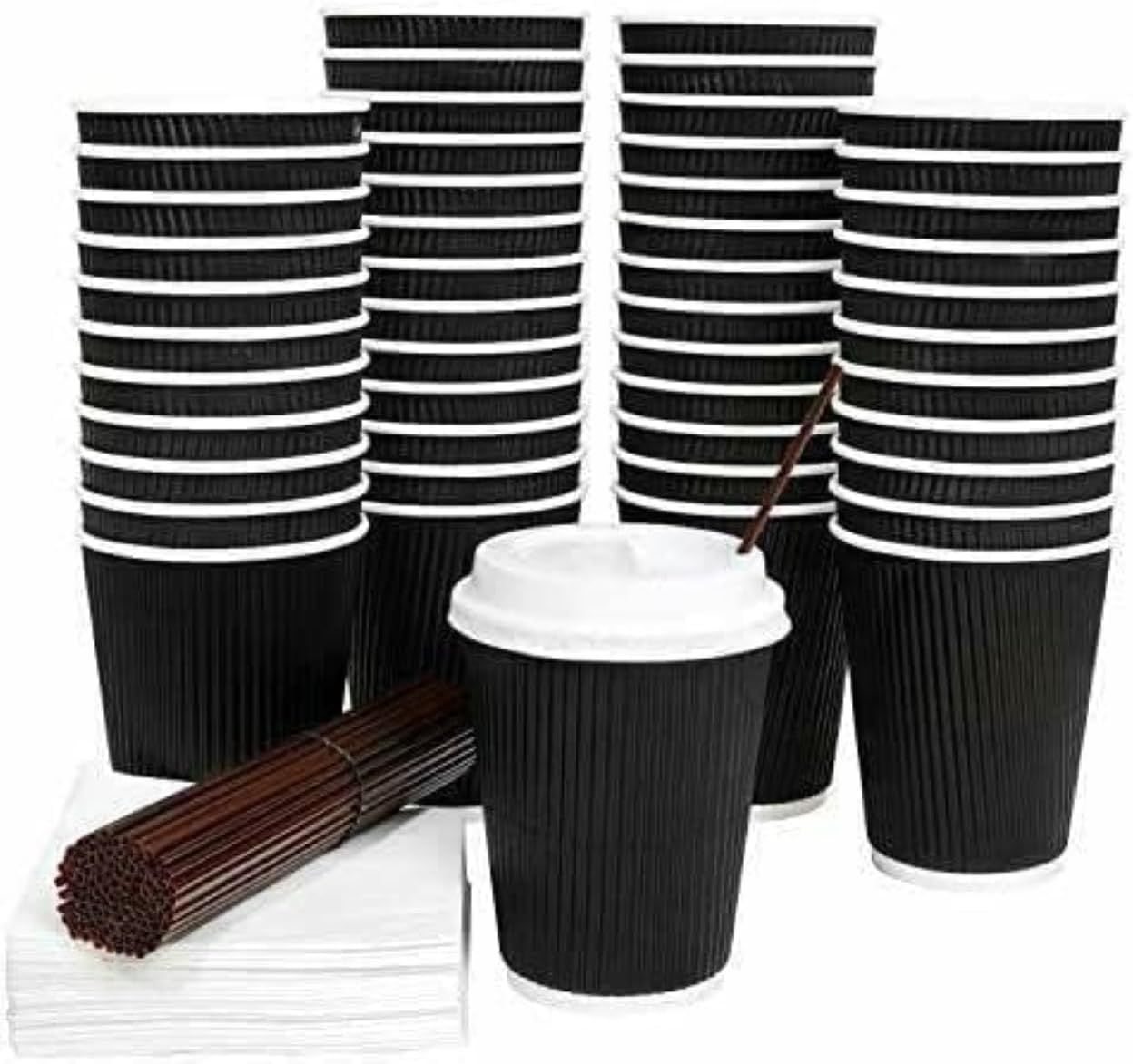 Black Triple Wall Coffee Cups 360ml with Lids Disposable Takeaway Cups 100 Pack