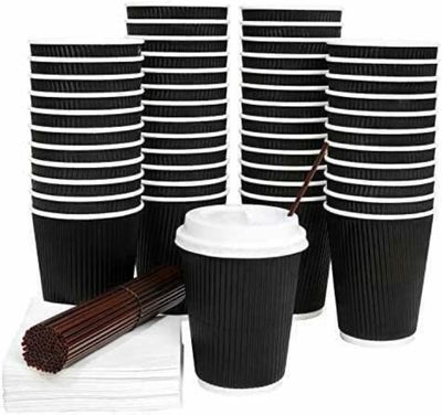 Black Triple Wall Coffee Cups 360ml with Lids Disposable Takeaway Cups 100 Pack