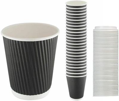 Black Triple Wall Coffee Cups 360ml with Lids Disposable Takeaway Cups 100 Pack