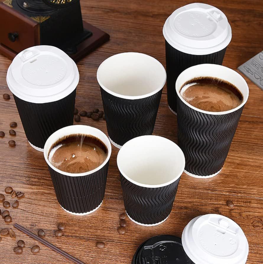 Black Triple Wall Coffee Cups 360ml with Lids Disposable Takeaway Cups 100 Pack