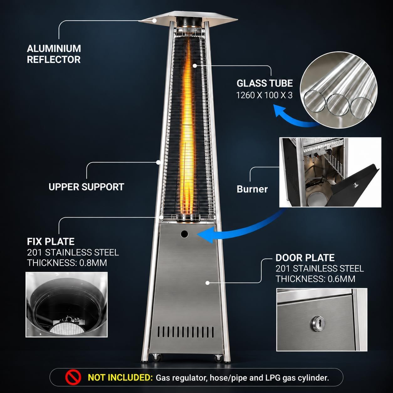 Pyramid 13kW Patio Gas Heater with Bluetooth Speaker – Stainless Steel