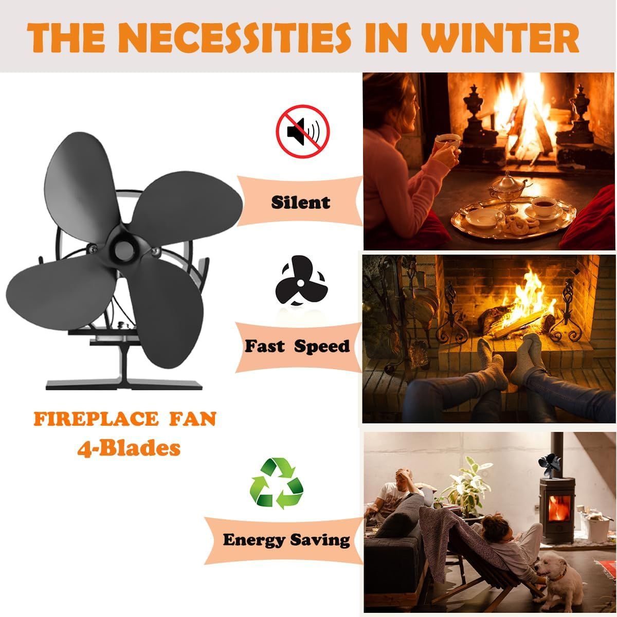 Wood Stove Fan 4 Blade Silent Fireplace Fan