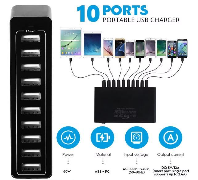 60W Multi USB Charging Station 10 Ports + 40W 5-Port Fast Charger Dock, Quick Charge USB Hub with Cable for iPhone, iPad, Samsung Galaxy, Kindle, Tablets, Smartphones &amp; Devices