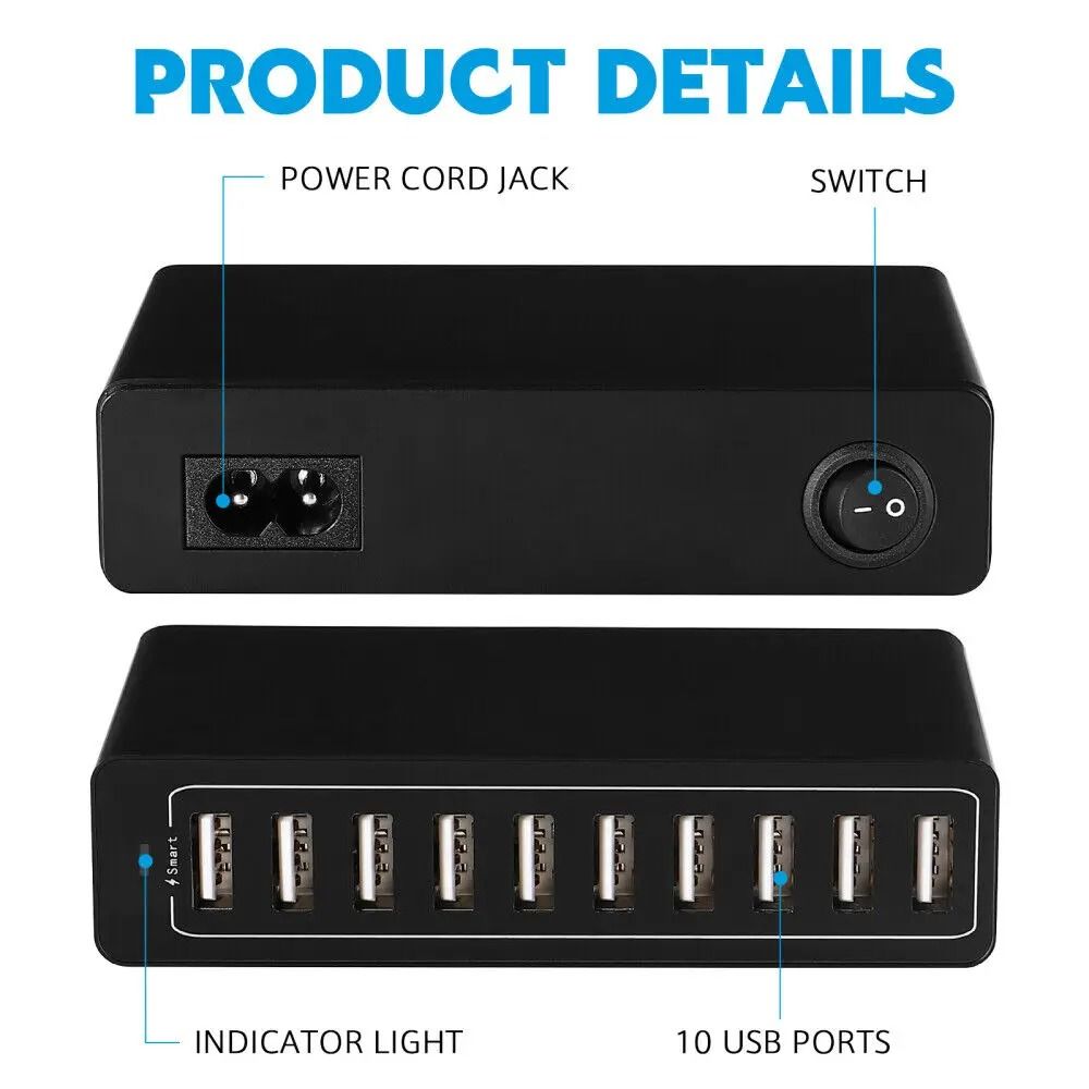 USB Charging Station 60W 10 Port Fast Charger Dock with 5 Port 40W Hub