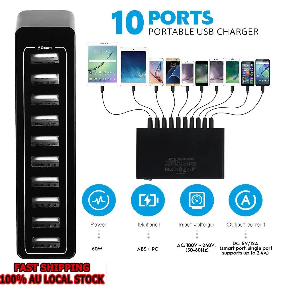 USB Charging Station 60W 10 Port Fast Charger Dock with 5 Port 40W Hub