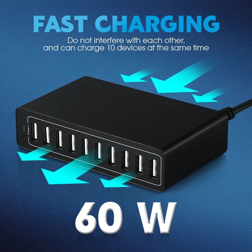 USB Charging Station 60W 10 Port Fast Charger Dock with 5 Port 40W Hub