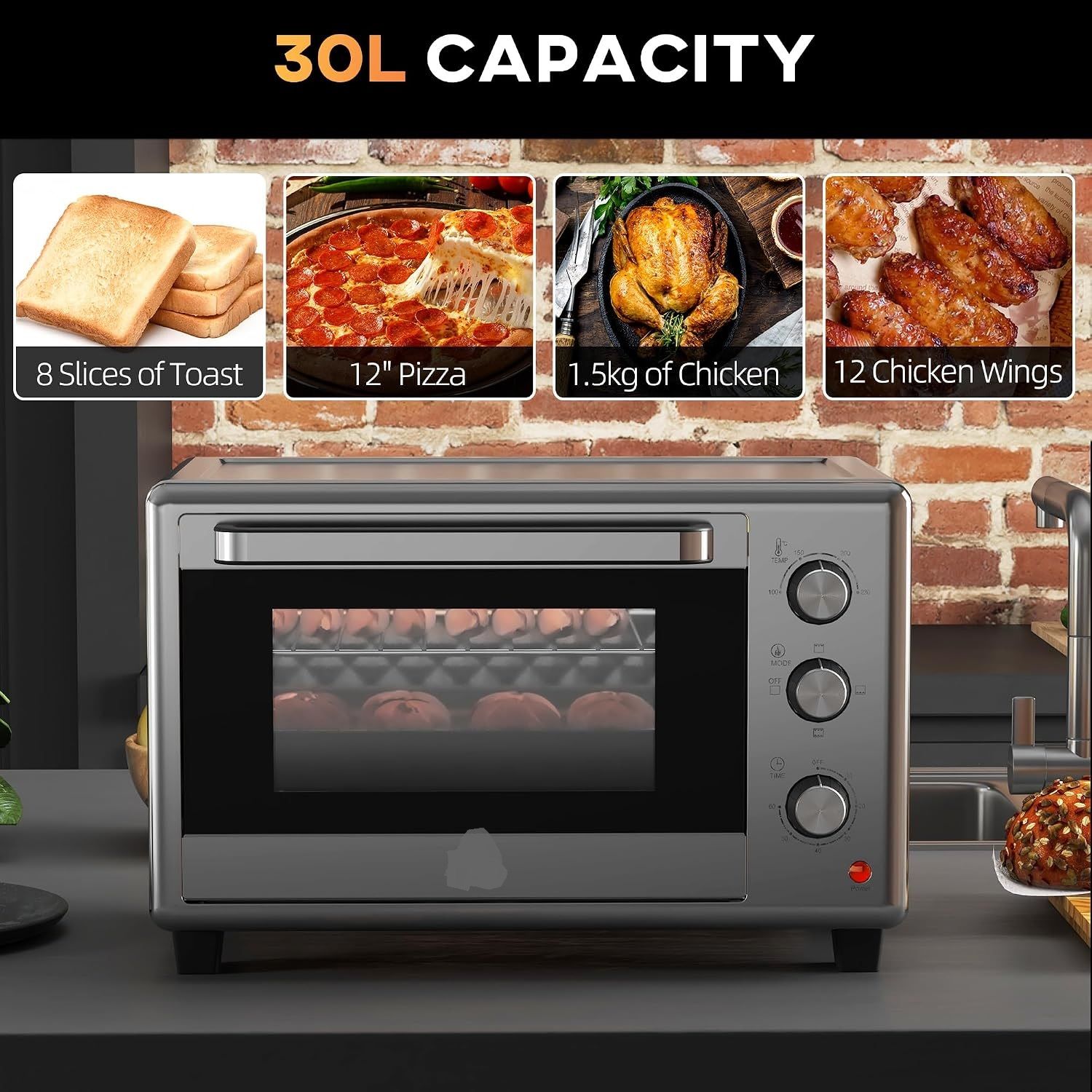 Mini Oven 30L 1600W Electric Countertop Oven with Grill &amp; Timer
