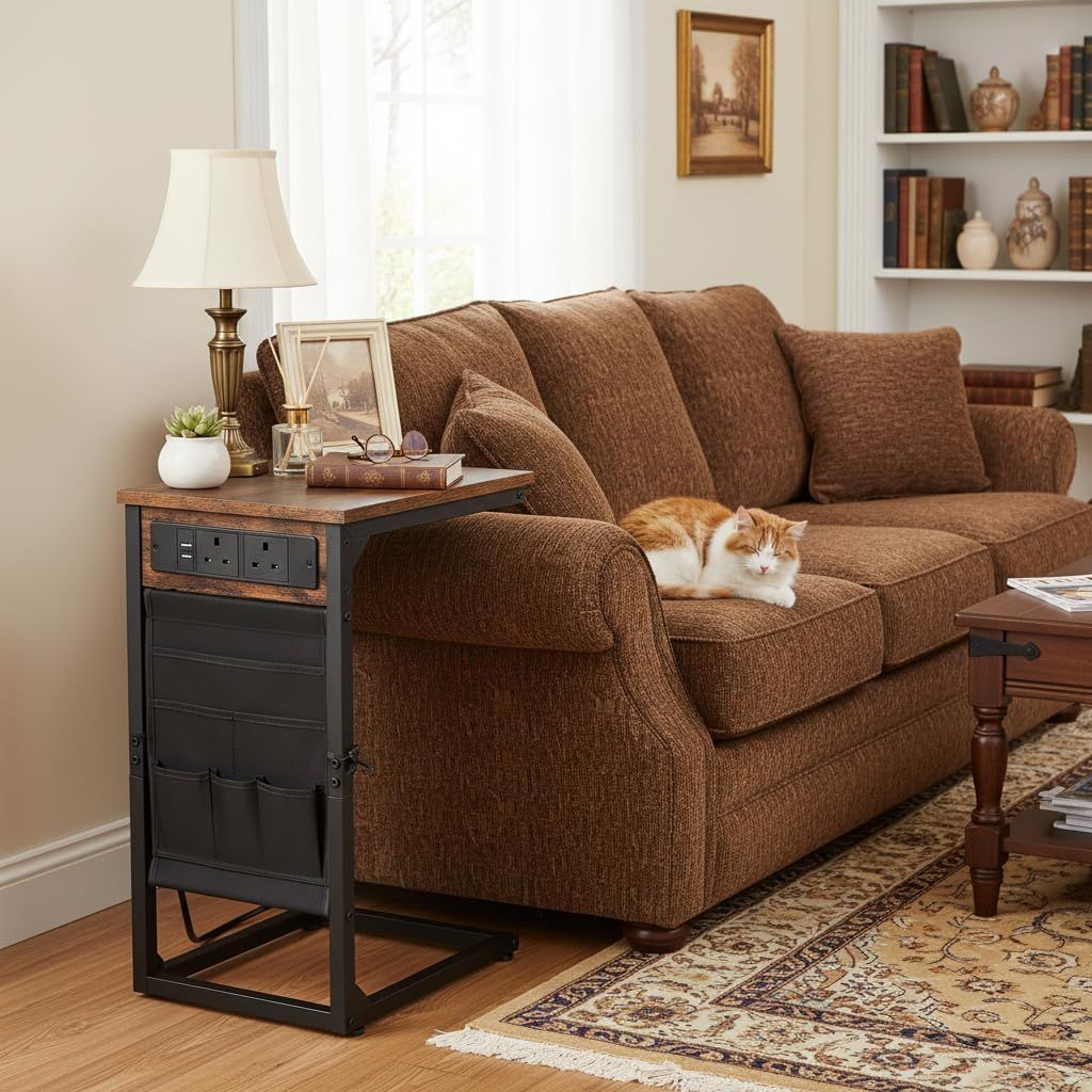 C Shaped Side Table Set of 2 with Charging Station Sofa Bed Table Rustic Brown