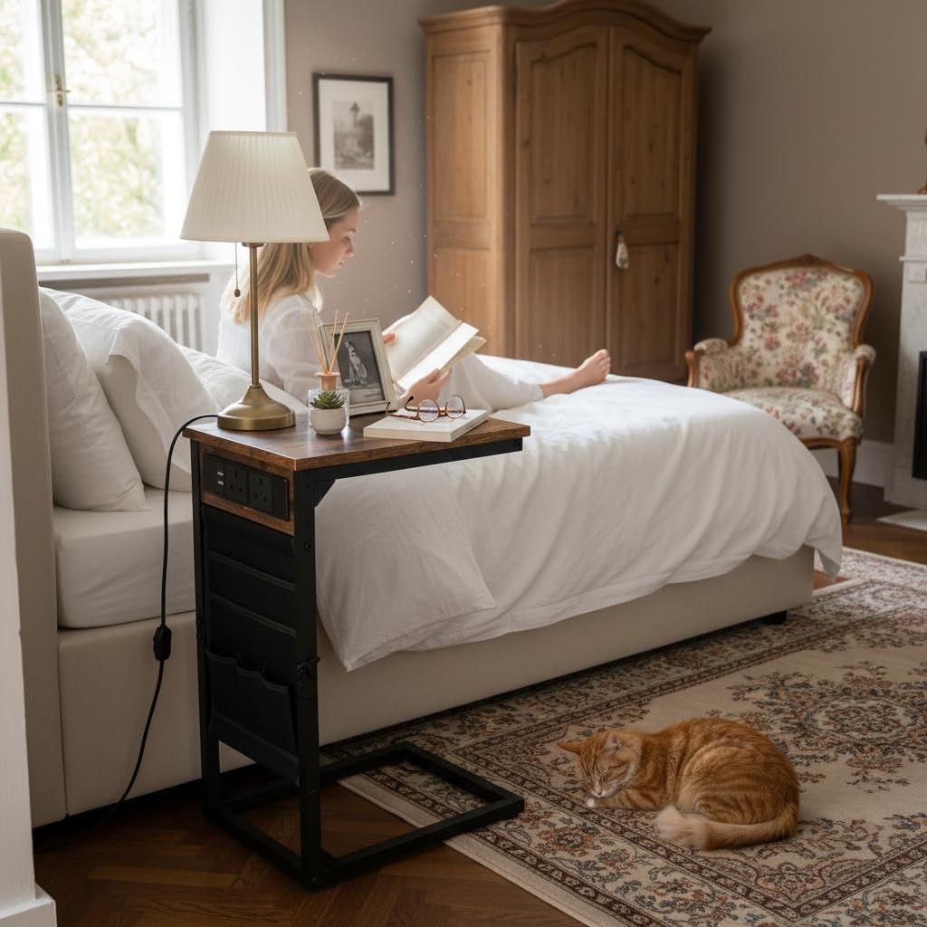 C Shaped Side Table Set of 2 with Charging Station Sofa Bed Table Rustic Brown