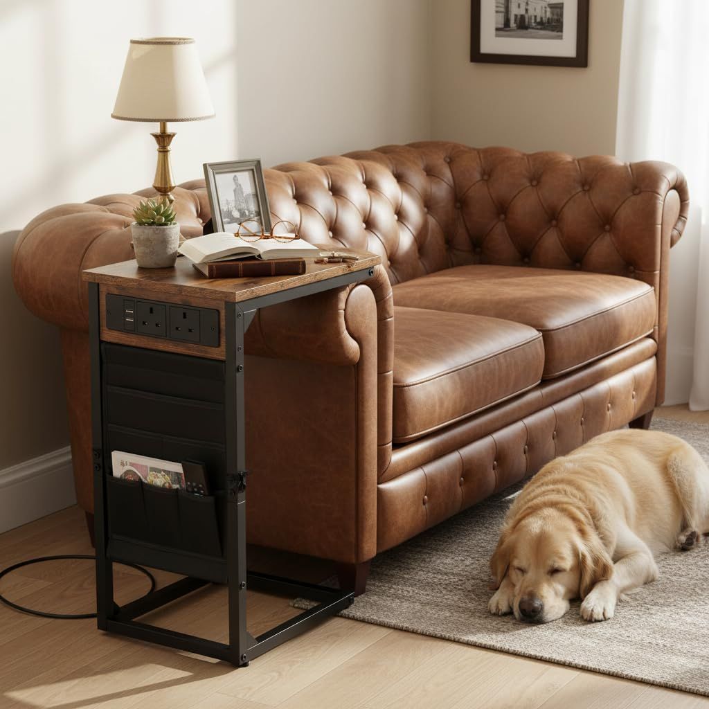 C Shaped Side Table Set of 2 with Charging Station Sofa Bed Table Rustic Brown