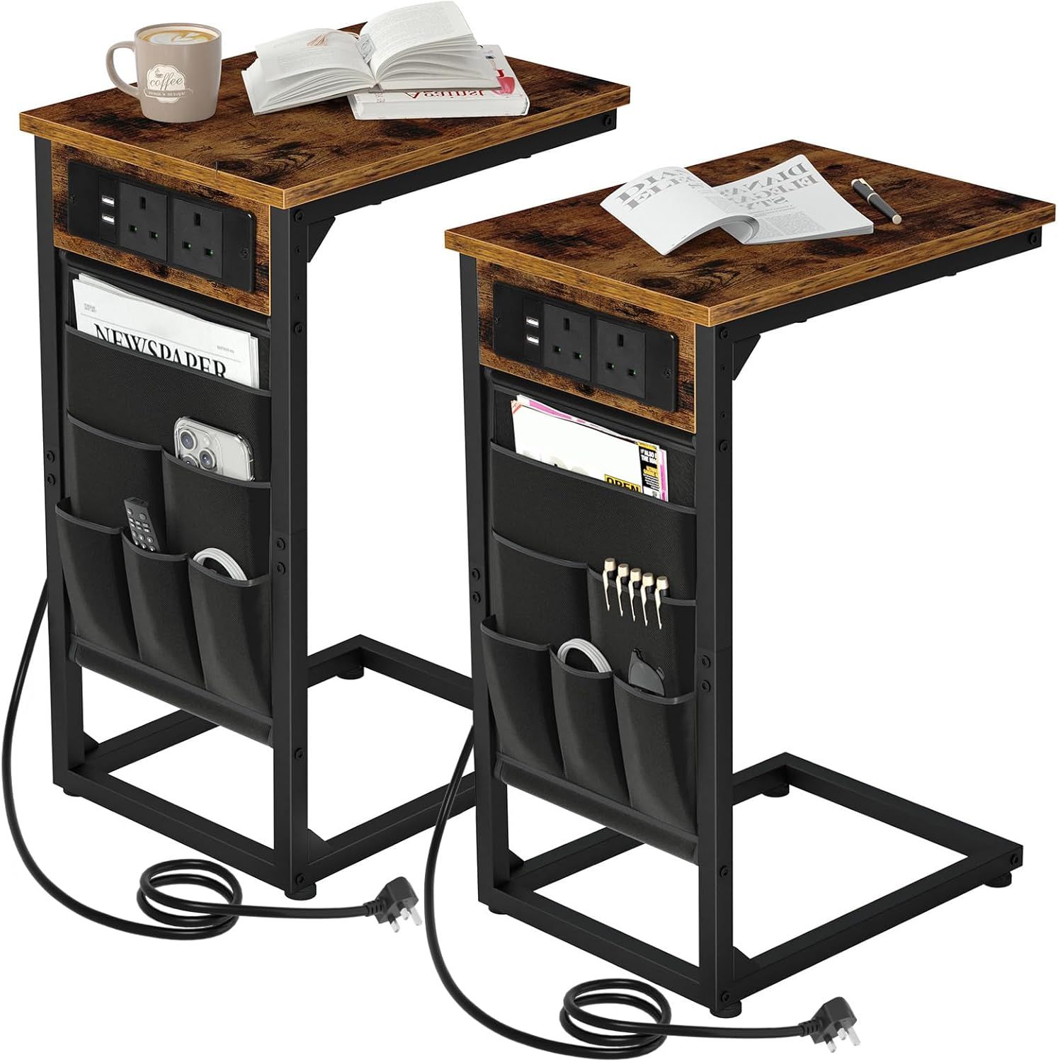 C Shaped Side Table Set of 2 with Charging Station Sofa Bed Table Rustic Brown
