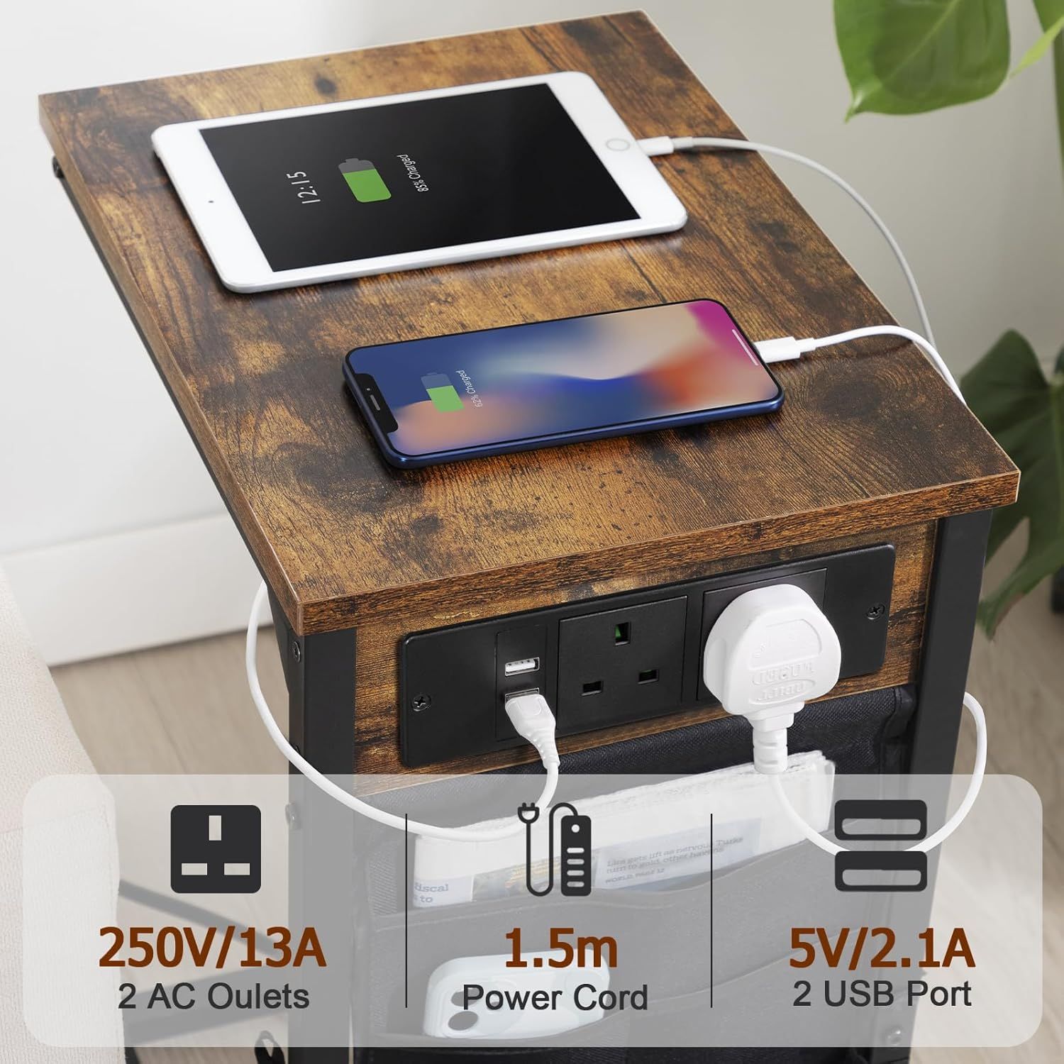 C Shaped Side Table Set of 2 with Charging Station Sofa Bed Table Rustic Brown