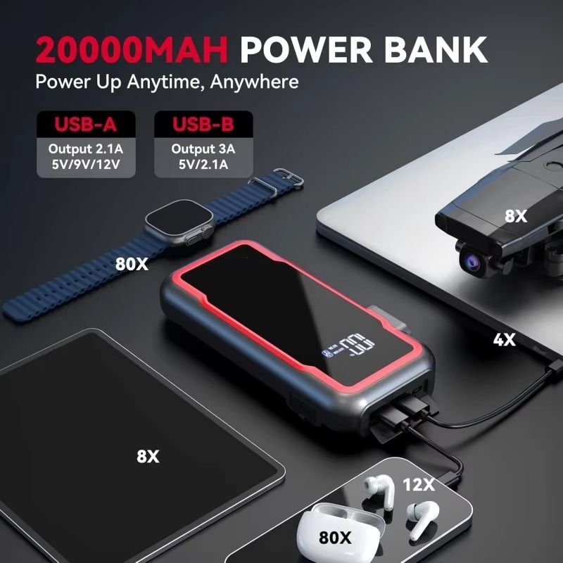 3000A 20000mAh Car Jump Starter with Dual USB Output and LCD Display High-Power 12V Battery Booster for 8.0L Petrol and 6.0L Diesel Engines – Portable Emergency Start Power Bank with Smart Protection