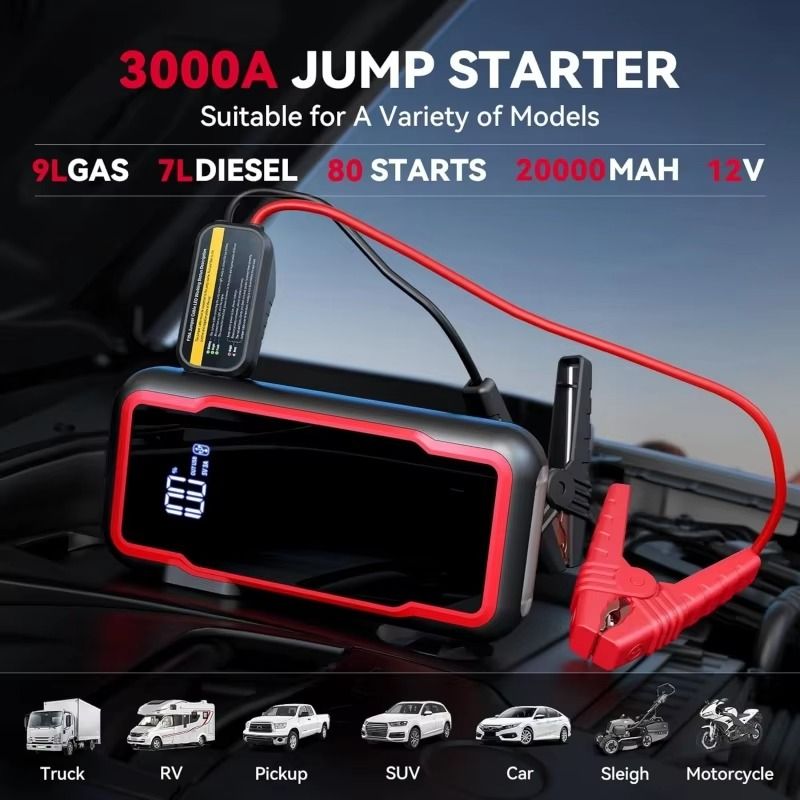 3000A 20000mAh Car Jump Starter with Dual USB Output and LCD Display High-Power 12V Battery Booster for 8.0L Petrol and 6.0L Diesel Engines – Portable Emergency Start Power Bank with Smart Protection