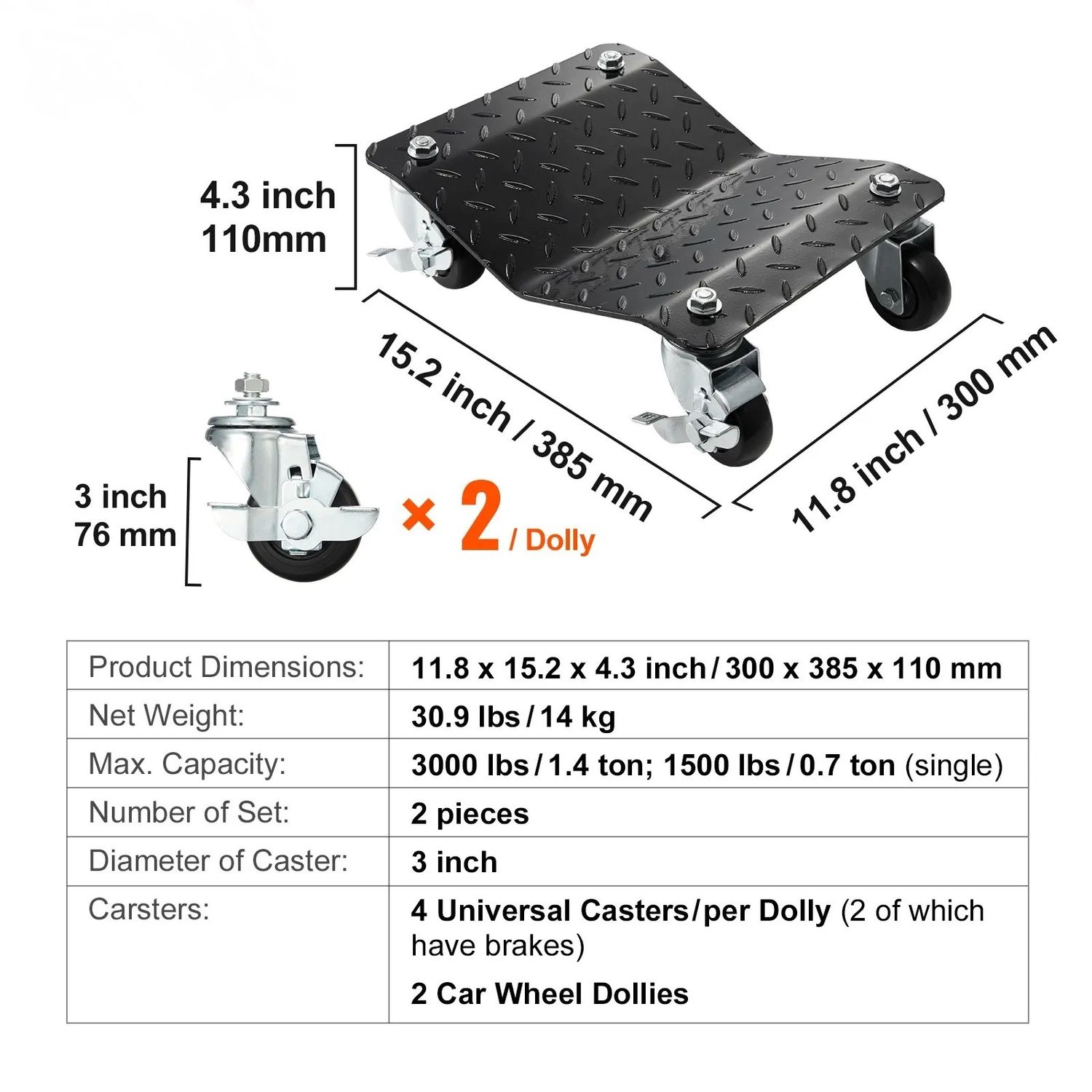 Portable Tire Trolley 2pc 1400kg Heavy Duty Wheel Dolly Vehicle Moving Jacks