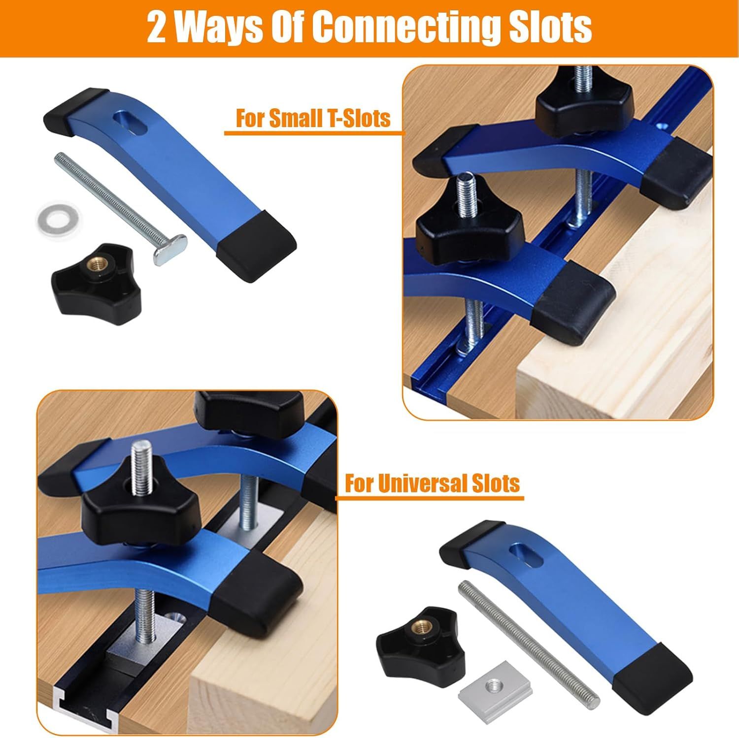Set of 2-Piece T-Track Woodworking Clamp Set – Blue Aluminium