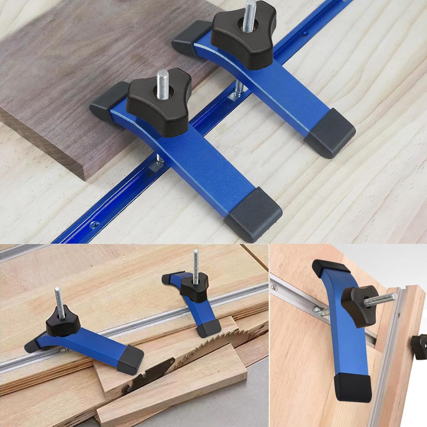 Set of 2-Piece T-Track Woodworking Clamp Set – Blue Aluminium