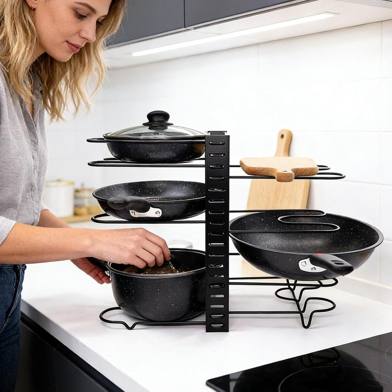 Pot Rack Adjustable 8-Tier &amp; Pan Organizer – Kitchen Cookware Storage