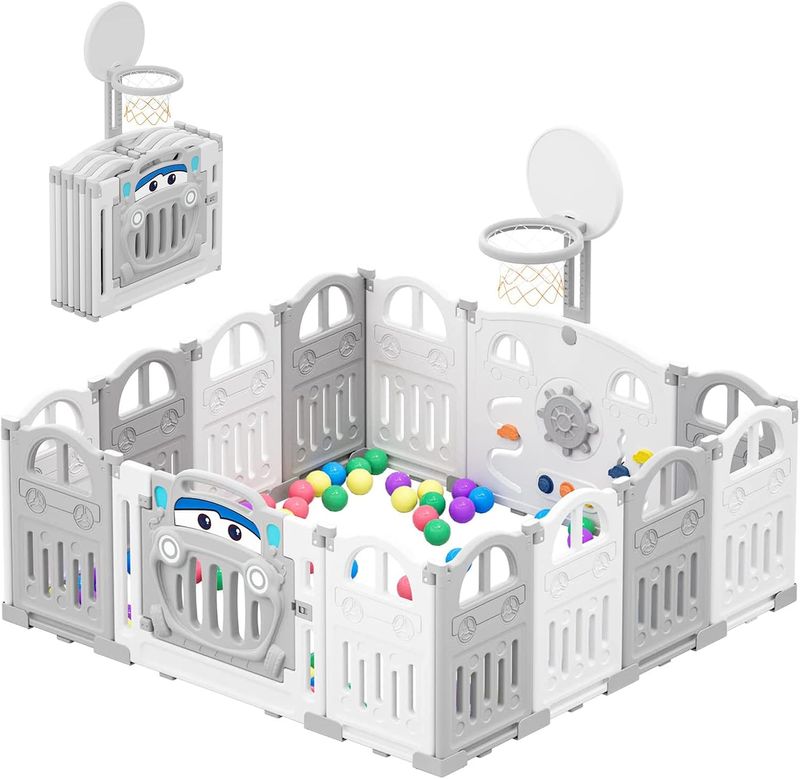 Foldable Baby Playpen with Basketball Hoop &amp; 50 Balls Activity Center