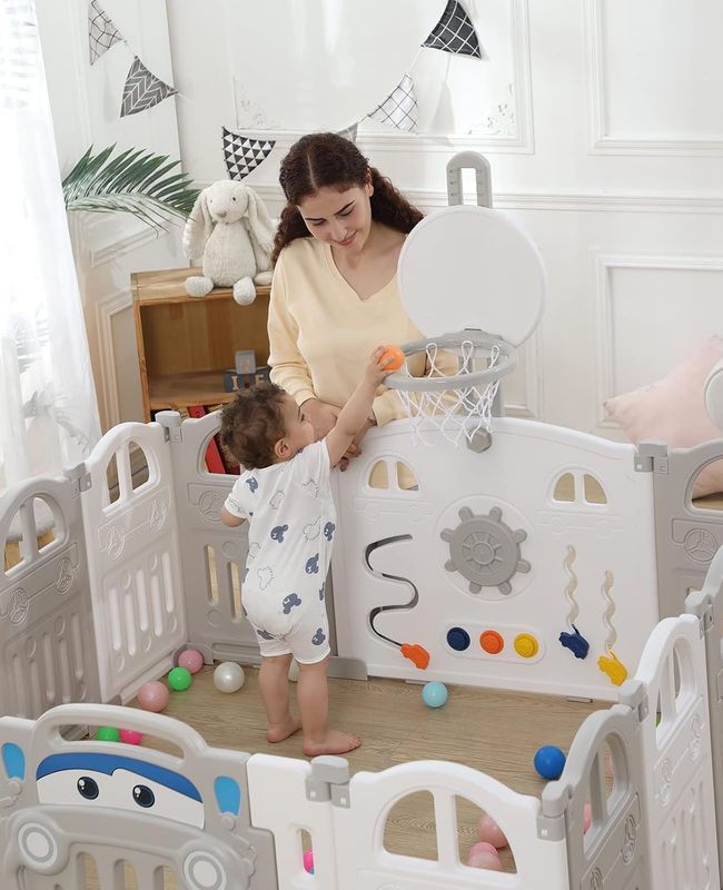 Foldable Baby Playpen with Basketball Hoop &amp; 50 Balls Activity Center