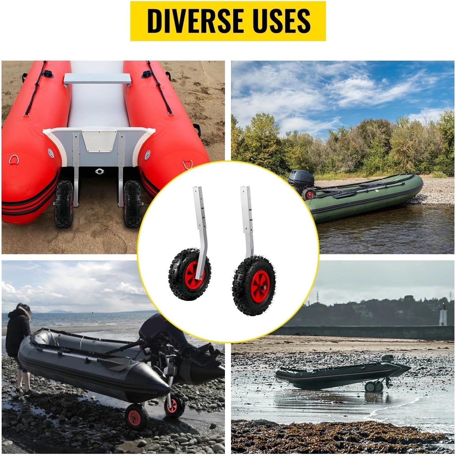 2Pcs Inflatable Boat Launching Wheels 227kg Capacity Aluminium Frame with 31cm Rubber Tyres