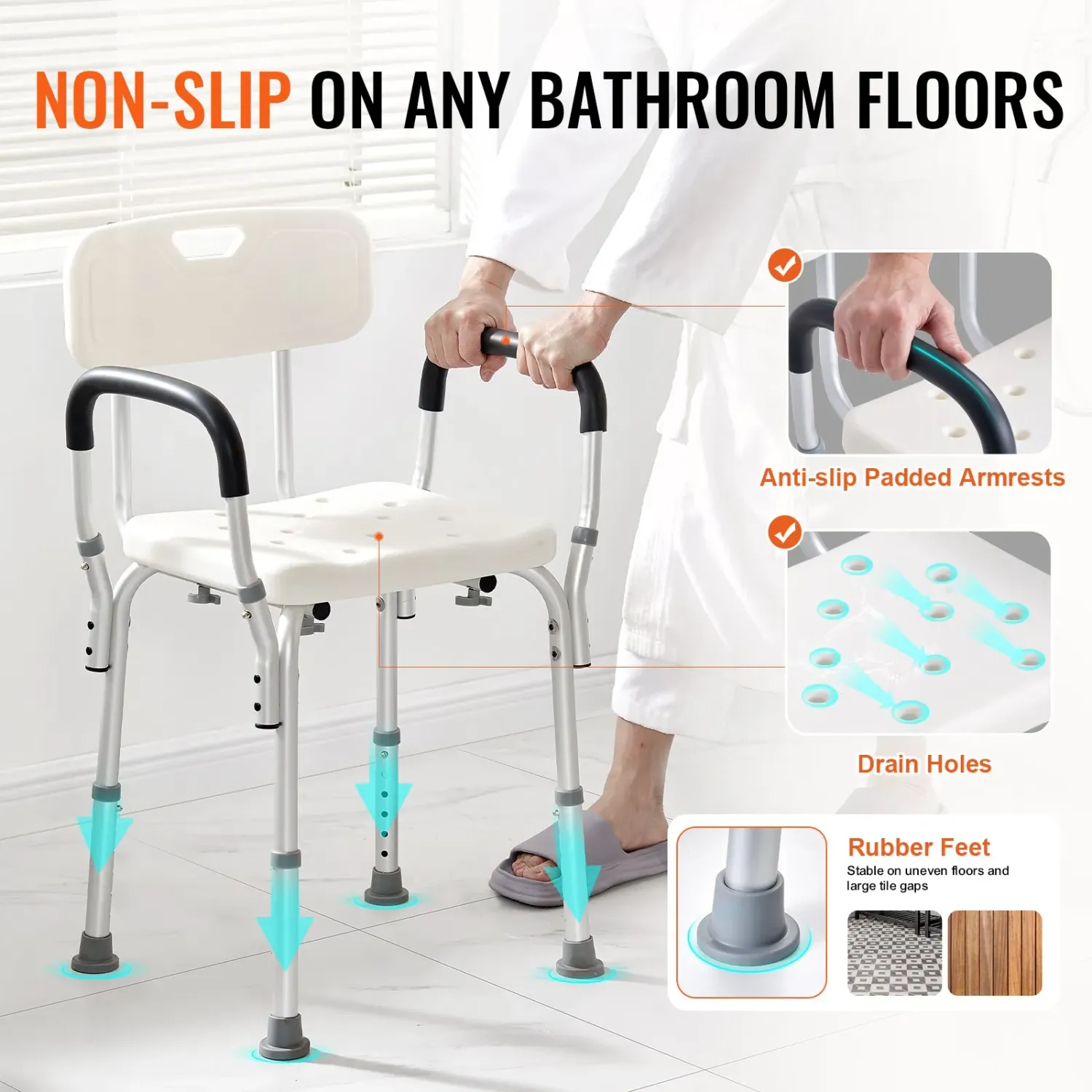 Adjustable Shower Chair with Arms &amp; Backrest – Non-Slip Bath Safety Seat, 350 lb Capacity
