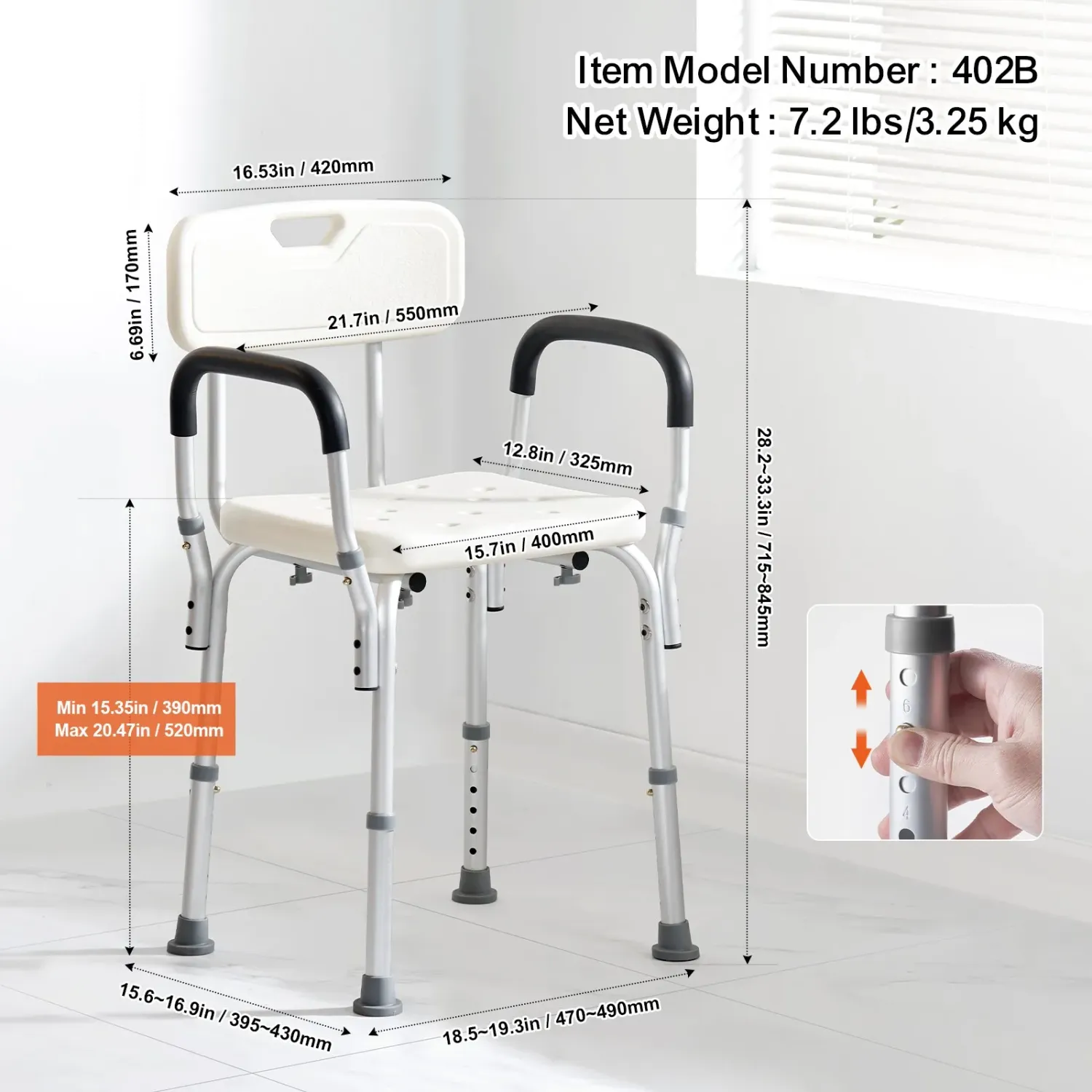 Adjustable Shower Chair with Arms &amp; Backrest – Non-Slip Bath Safety Seat, 350 lb Capacity