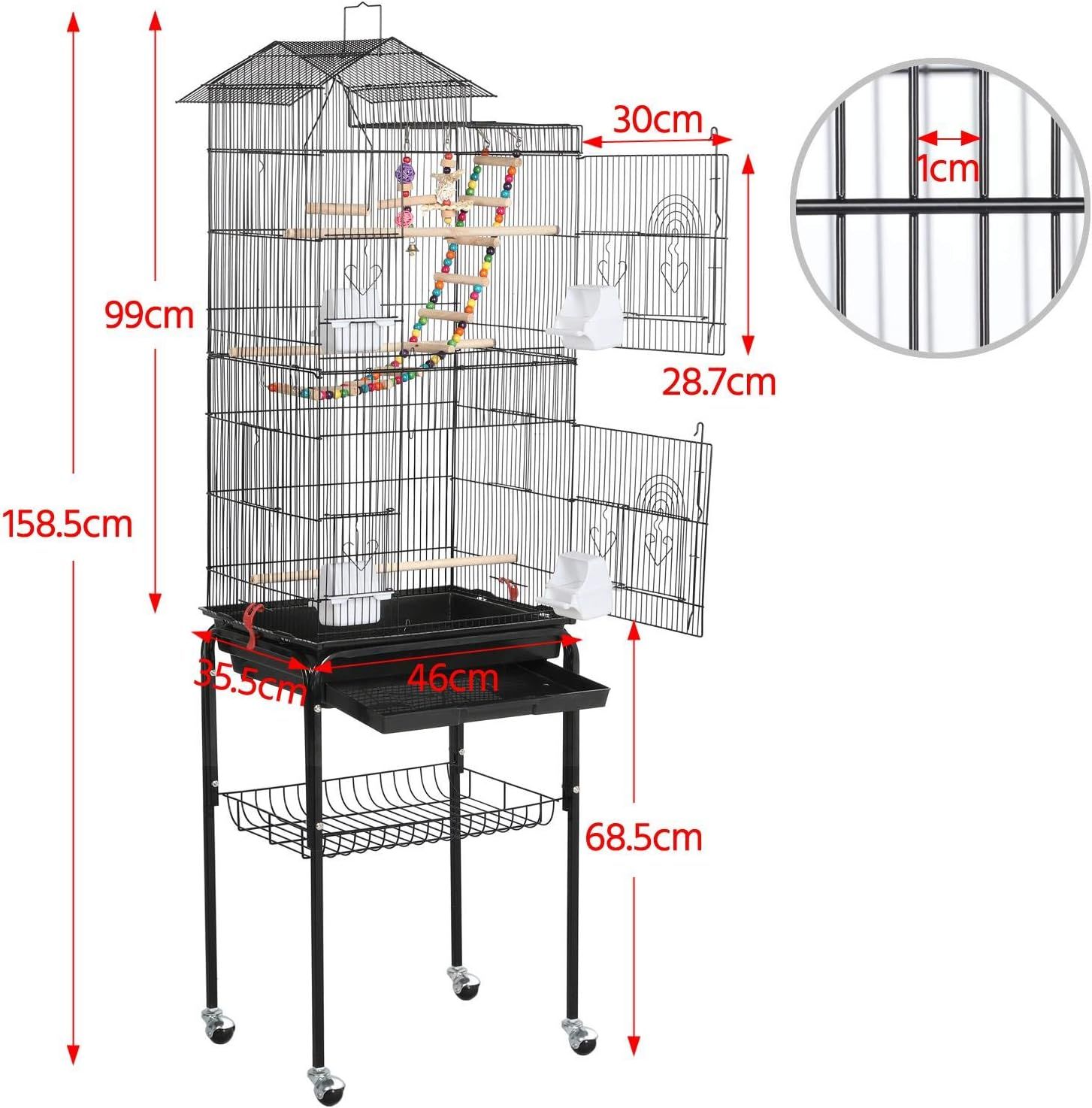 Bird Cage 46x35.5x158.5cm with Stand Parakeet Cockatiel Cage