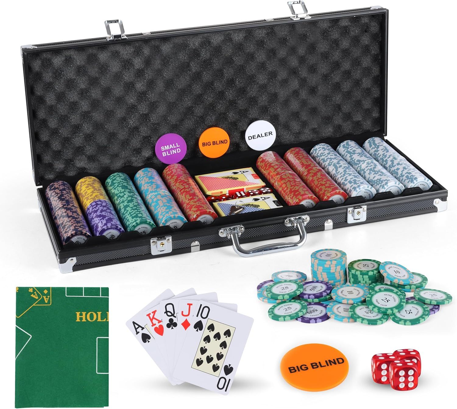 Texas Holdem Poker Set 500 Piece with Aluminium Case Clay Chips Playing Cards Dice Dealer Buttons