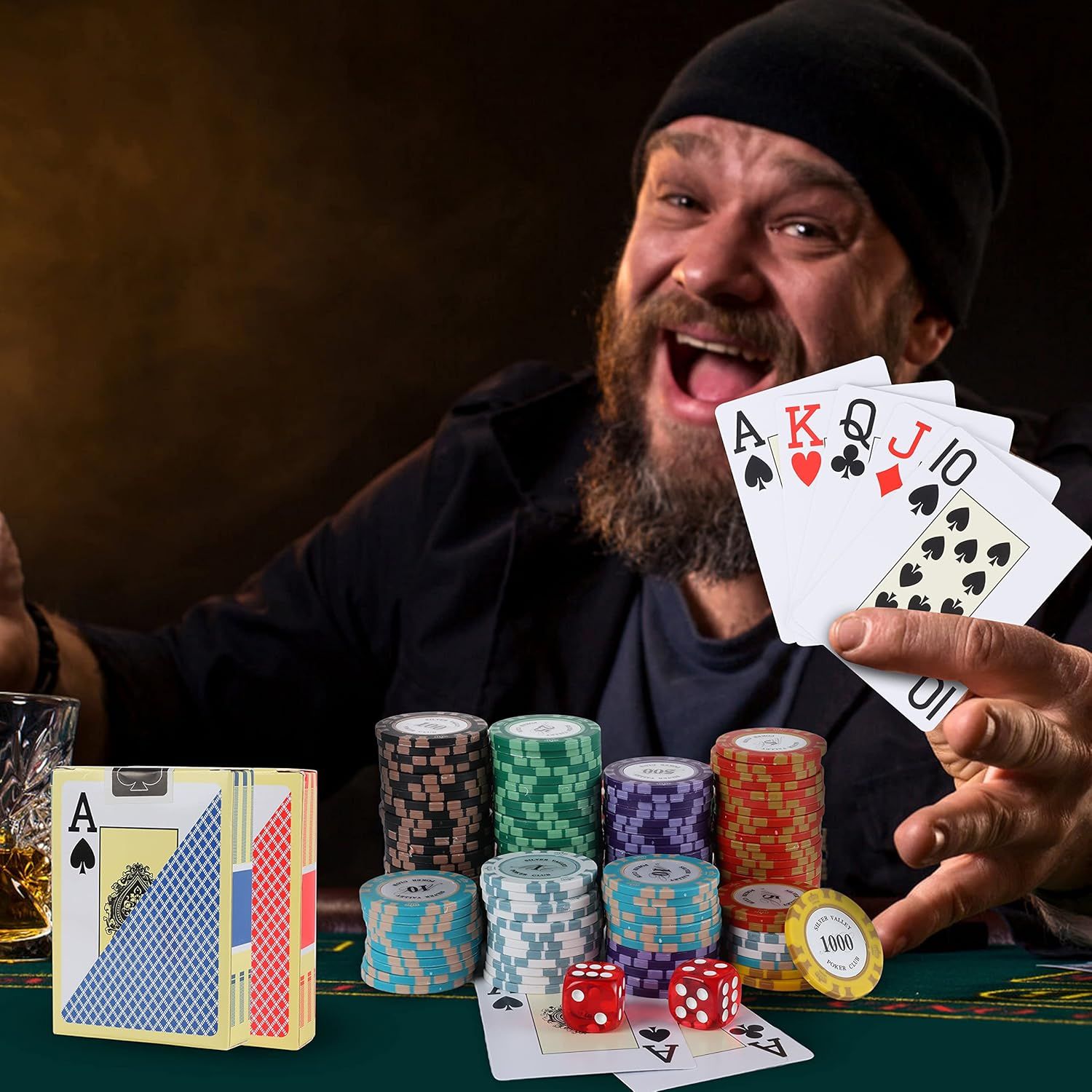 Texas Holdem Poker Set 500 Piece with Aluminium Case Clay Chips Playing Cards Dice Dealer Buttons