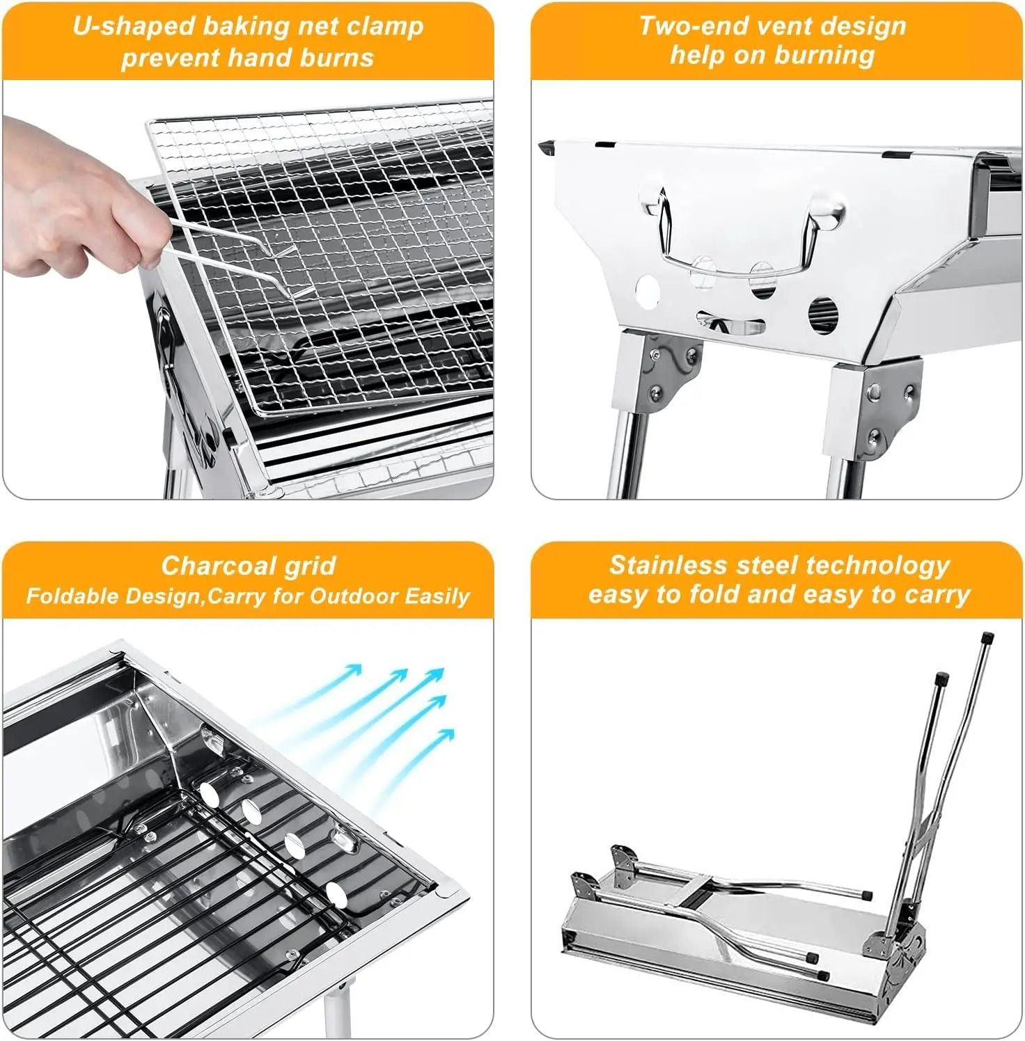Portable Stainless Steel Charcoal BBQ Grill Foldable Camping Barbecue 73cm