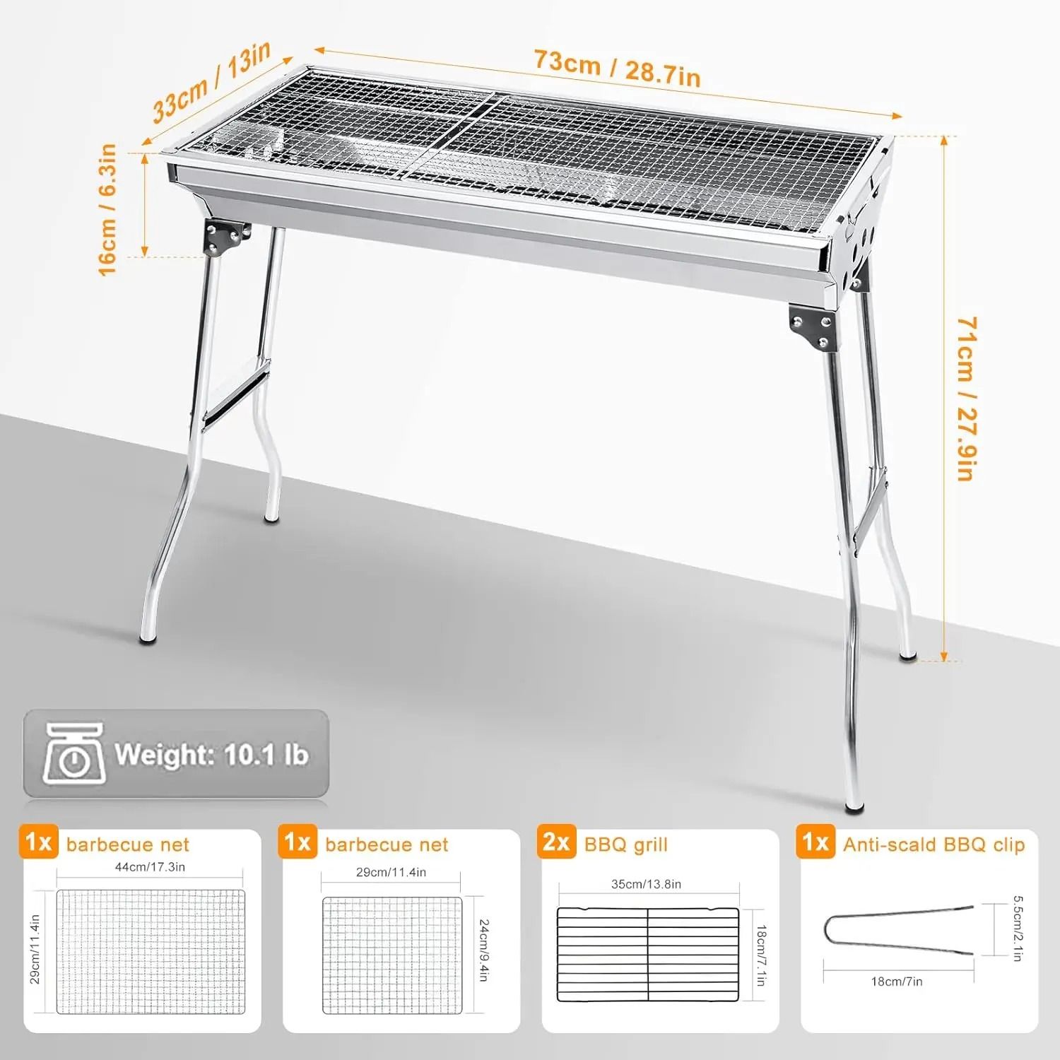 Portable Stainless Steel Charcoal BBQ Grill Foldable Camping Barbecue 73cm