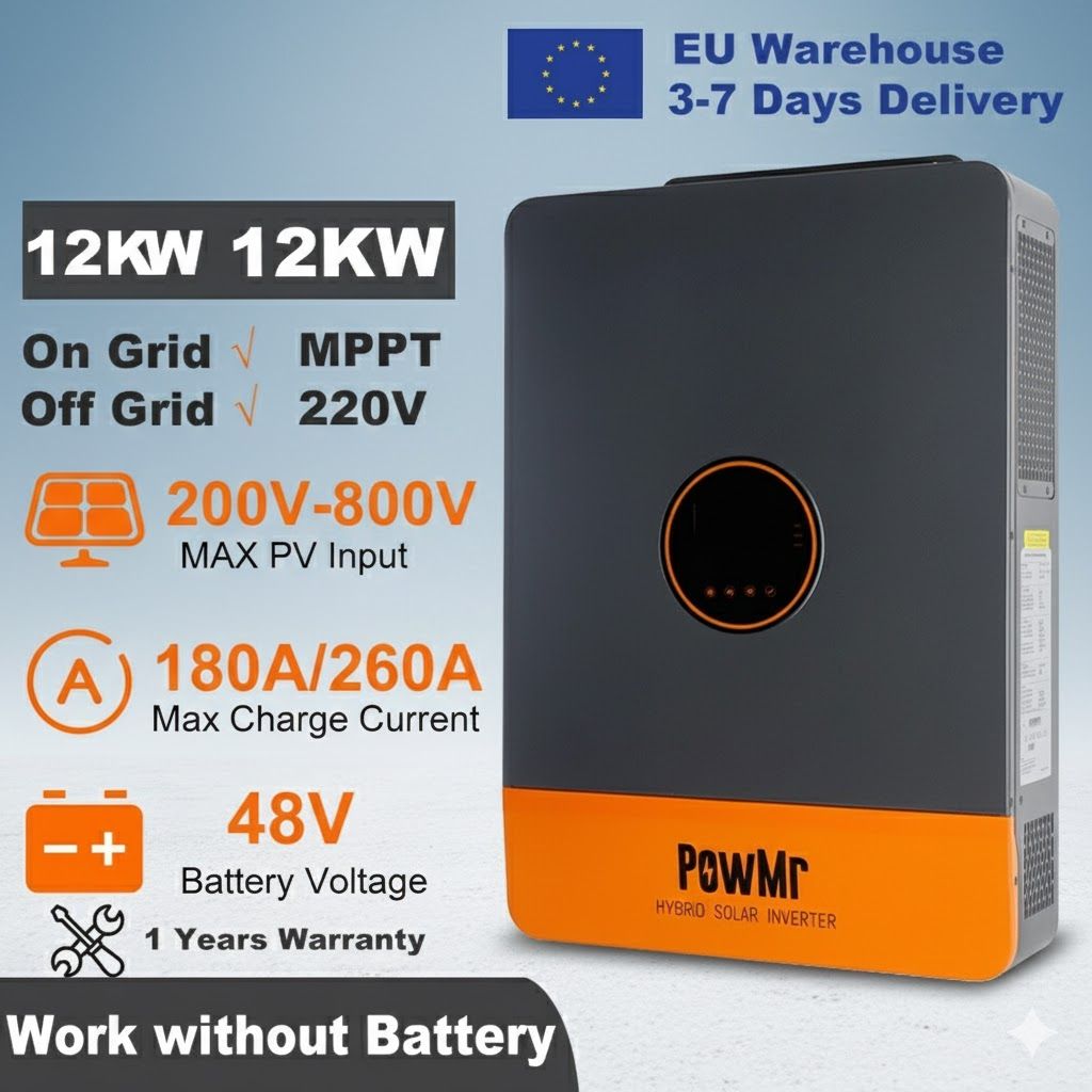 12KW Hybrid Solar Inverter, 48V DC, 220V–440V AC, 3-Phase On/Off-Grid Inverter with Dual MPPT, 180A/260A MPPT Solar Charger, High-Efficiency Power Output